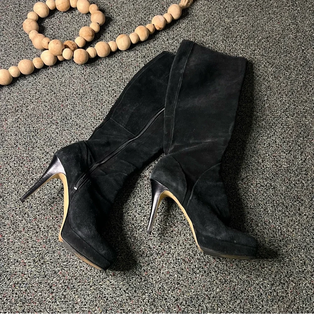 NINE WEST Black Platform Suede Stiletto Knee-Length Tall Leather Boots Shoes 7.5